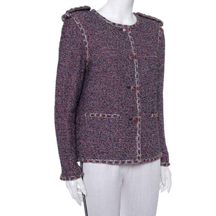Pre Owned Chanel Red & Blue Tweed Button Front Jacket XL