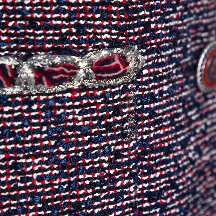 Pre Owned Chanel Red & Blue Tweed Button Front Jacket XL