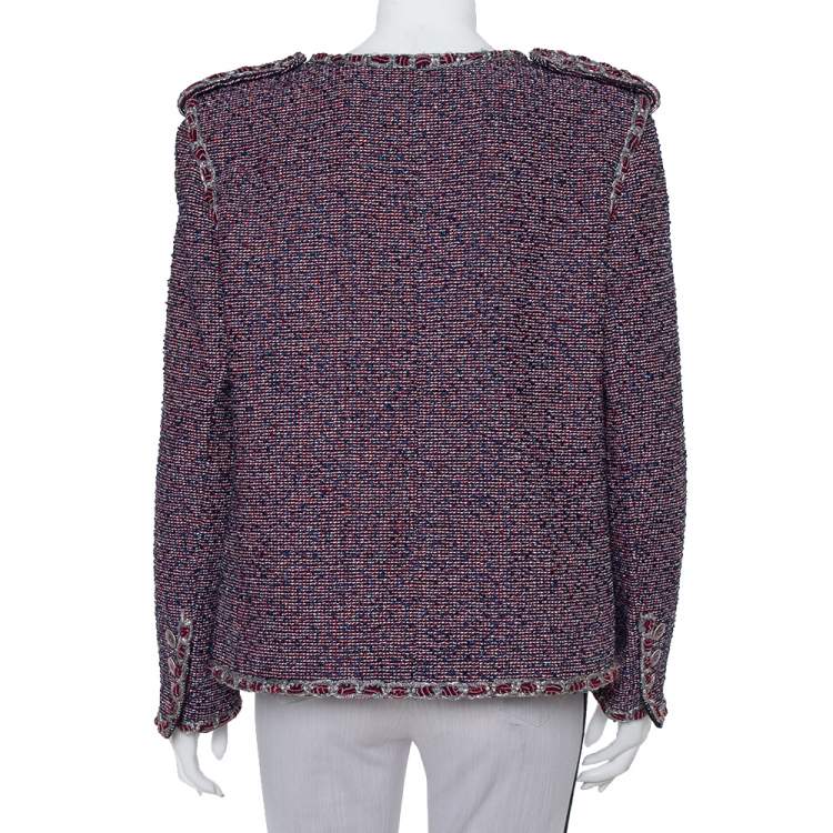 Pre Owned Chanel Red & Blue Tweed Button Front Jacket XL