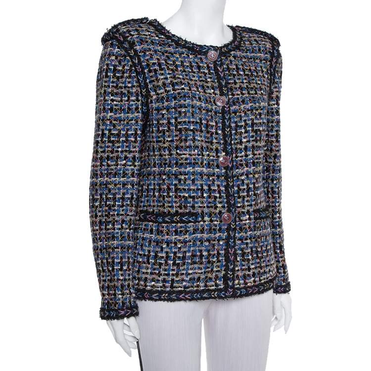 Chanel Blue & Black Tweed Button Front Jacket XL Chanel