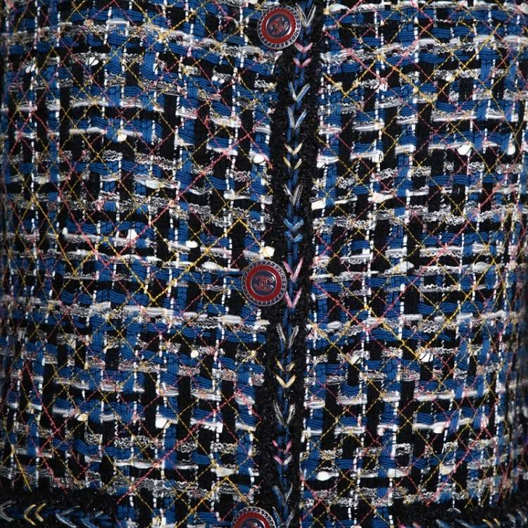 Pre Owned Chanel Blue & Black Tweed Button Front Jacket XL