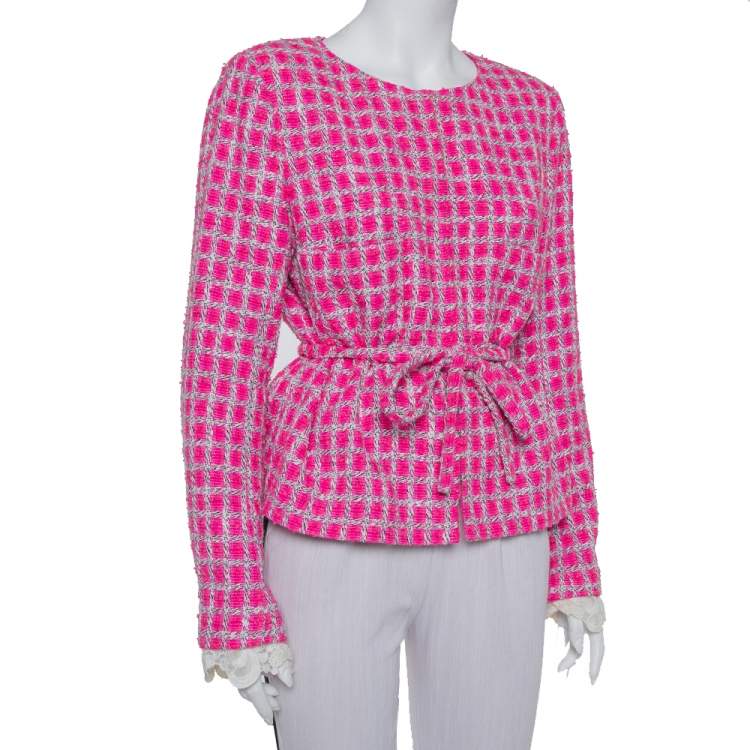 Chanel Pink Tweed Lace Trim Detail Belted Jacket XL Chanel