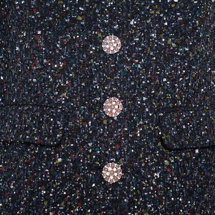 Pre Owned Chanel Black Tweed Sequin Embellished Button Front Jacket XL