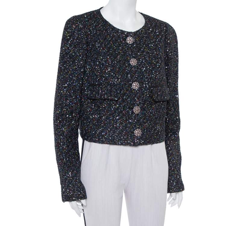 Pre Owned Chanel Black Tweed Sequin Embellished Button Front Jacket XL