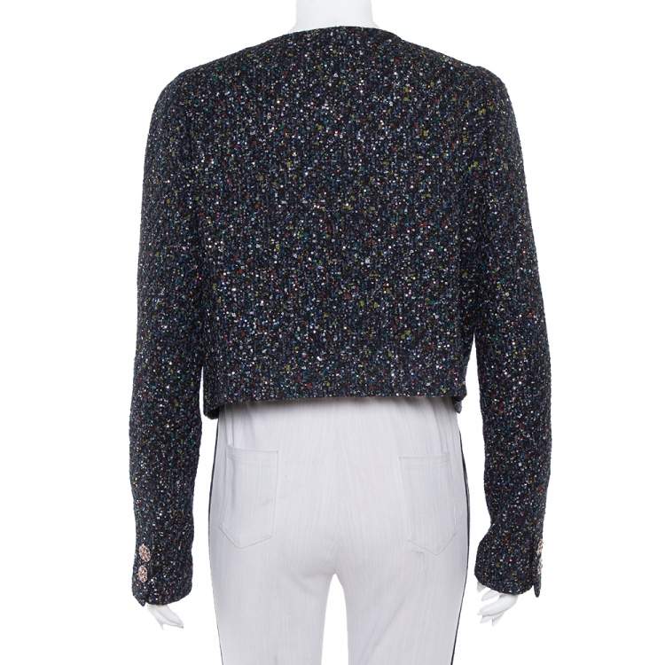 Pre Owned Chanel Black Tweed Sequin Embellished Button Front Jacket XL
