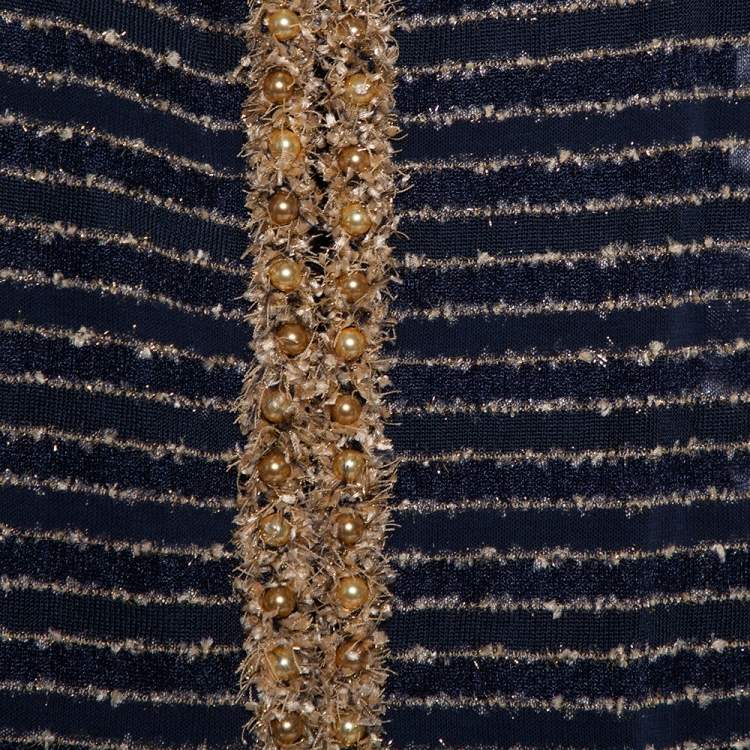 مملوكة مسبقًا Chanel Navy Blue Knit Bead Embellished Hook Front Vest XL
