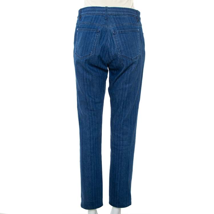 Pre Owned Chanel Navy Blue Striped Denim Tapered Leg Jeans M