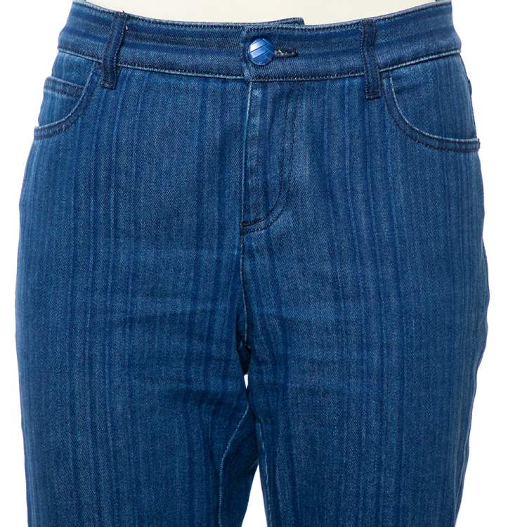 Pre Owned Chanel Navy Blue Striped Denim Tapered Leg Jeans M