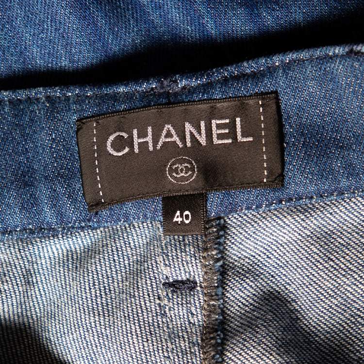 Pre Owned Chanel Navy Blue Striped Denim Tapered Leg Jeans M