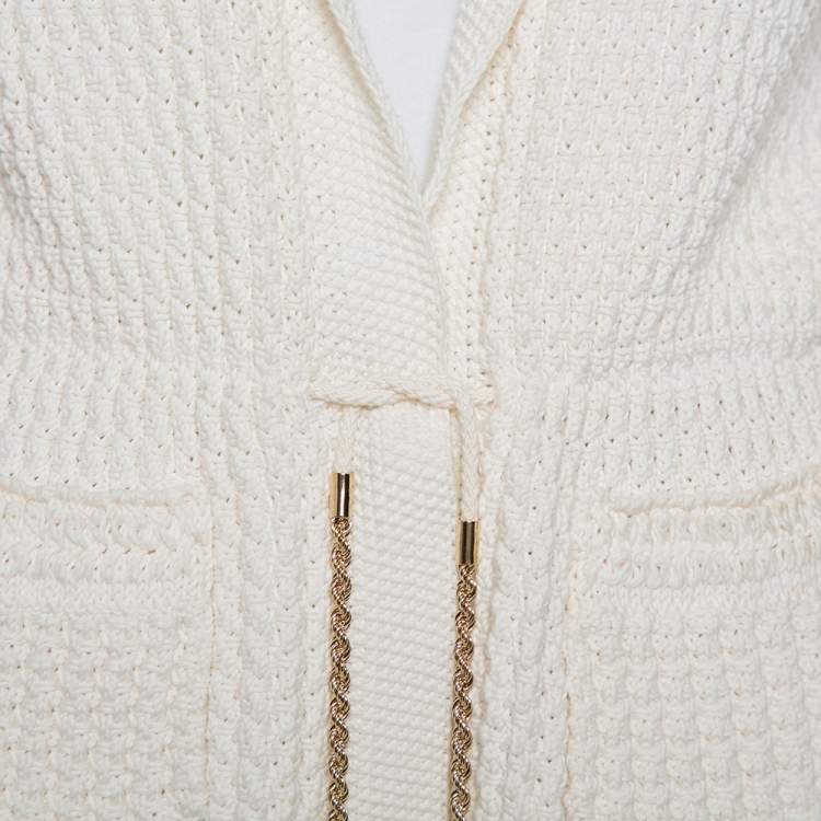 Pre Owned Chanel Cream Chunky Knit Front Tie Detail Vintage Cardigan M