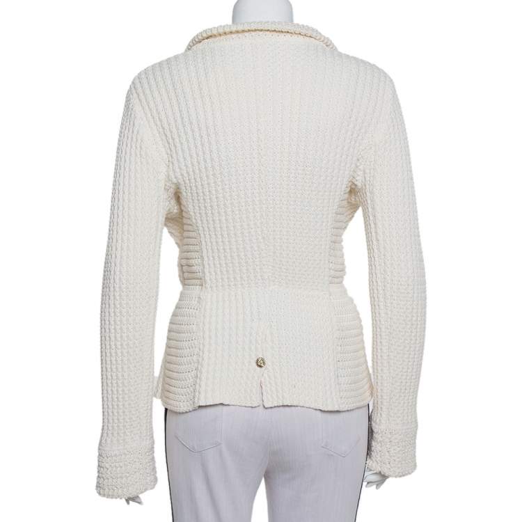Pre Owned Chanel Cream Chunky Knit Front Tie Detail Vintage Cardigan M