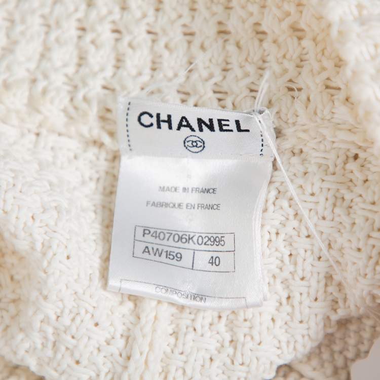 Pre Owned Chanel Cream Chunky Knit Front Tie Detail Vintage Cardigan M