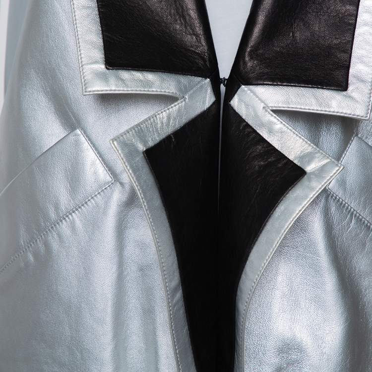 Pre Owned Chanel Silver Leather Contrast Trim Detail Jacket M