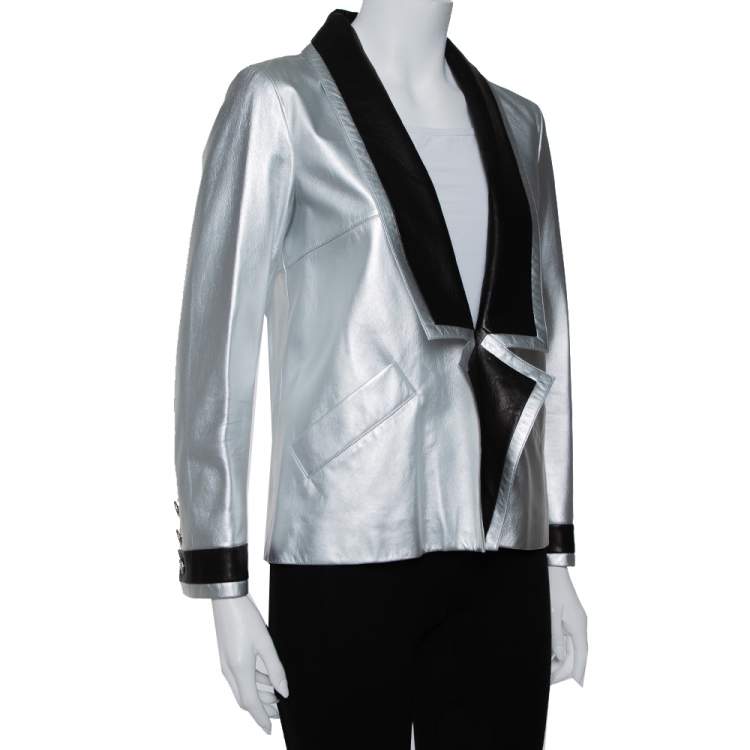 Pre Owned Chanel Silver Leather Contrast Trim Detail Jacket M
