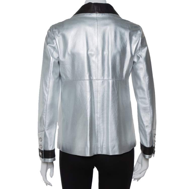 Pre Owned Chanel Silver Leather Contrast Trim Detail Jacket M