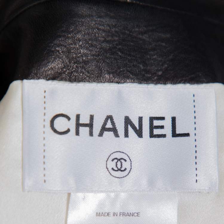 Pre Owned Chanel Silver Leather Contrast Trim Detail Jacket M