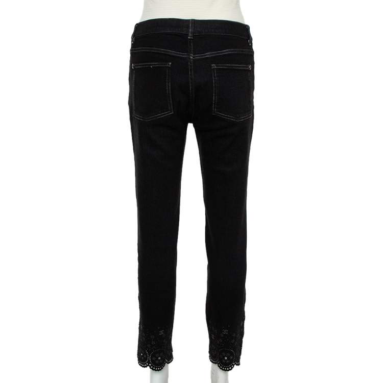 Pre Owned Chanel Black Denim Crochet Hem Detail Fitted Jeans M