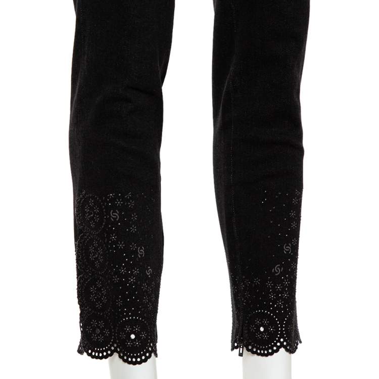 Pre Owned Chanel Black Denim Crochet Hem Detail Fitted Jeans M
