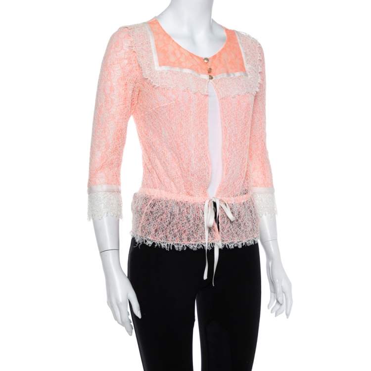 Pre Owned Chanel Orange Lace Waist Tie Detail Button Front Jacket M