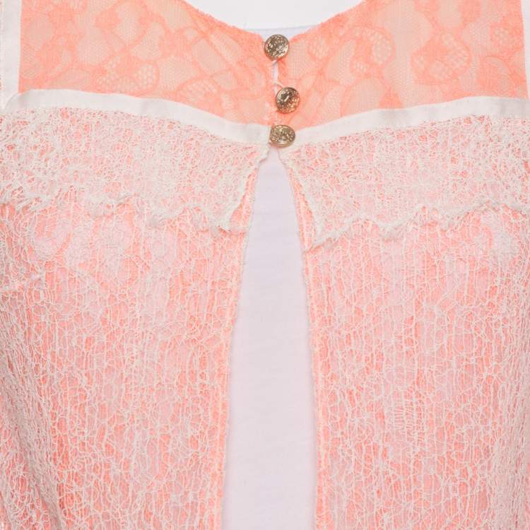 Pre Owned Chanel Orange Lace Waist Tie Detail Button Front Jacket M