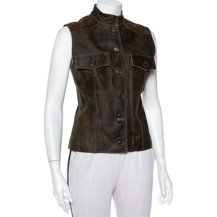 Chanel Vintage Dark Brown Leather Button Front Distressed Vest M