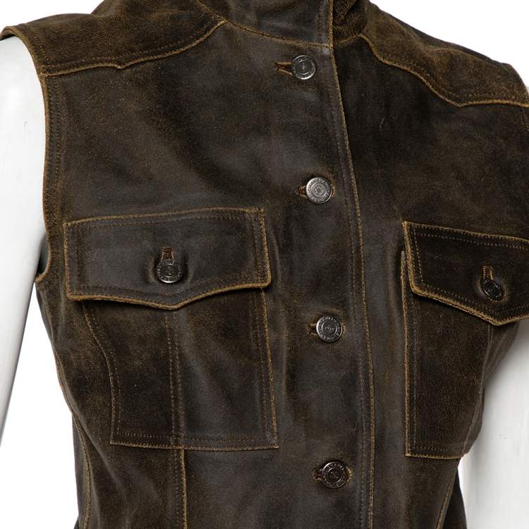 Pre Owned Chanel Vintage Dark Brown Leather Button Front Distressed Vest M
