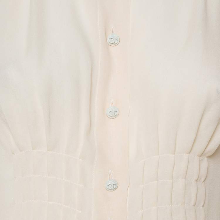 Pre Owned Chanel Cream Silk Smocked Detail Button Front Shirt S