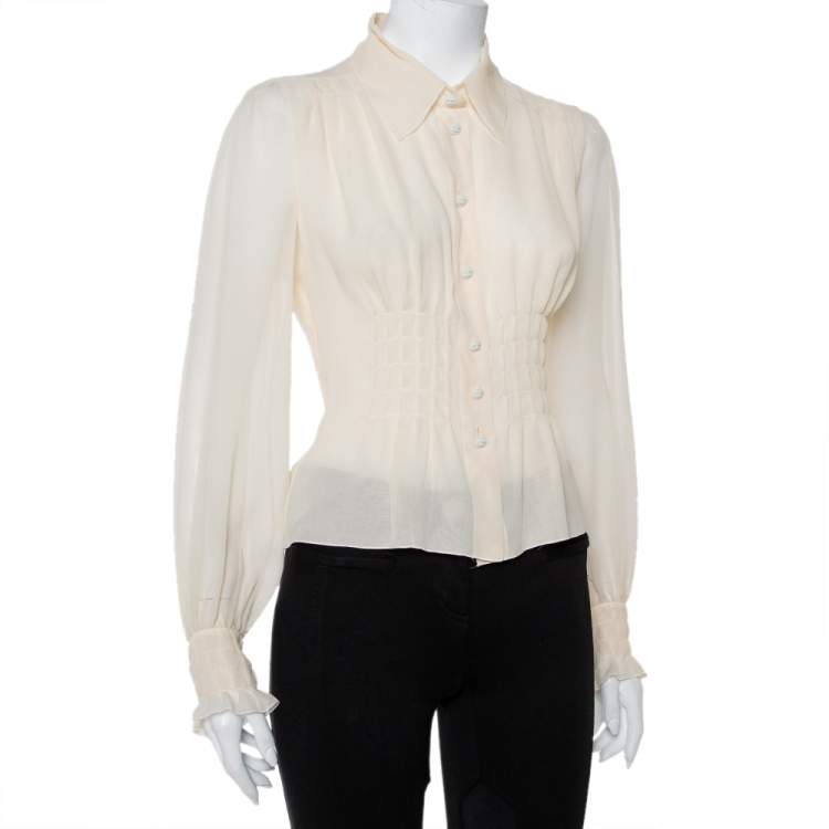 Pre Owned Chanel Cream Silk Smocked Detail Button Front Shirt S