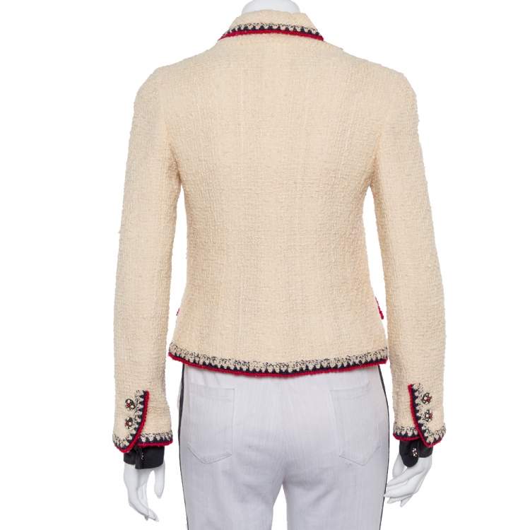 Pre Owned Chanel Cream Tweed Contrast Trim Detail Button Front Aztec Jacket M