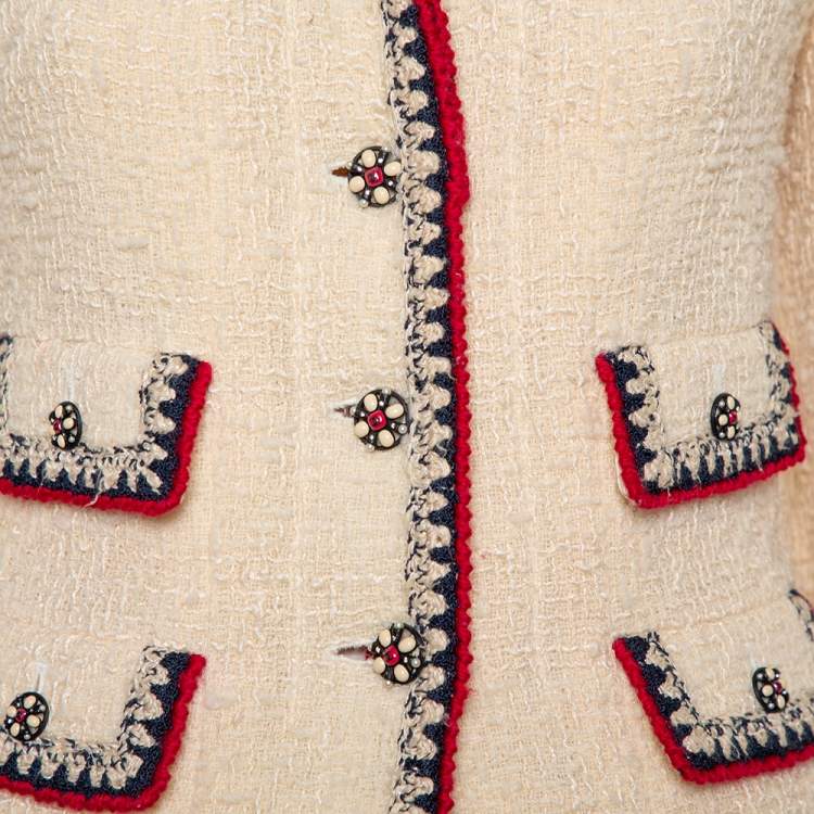 Pre Owned Chanel Cream Tweed Contrast Trim Detail Button Front Aztec Jacket M