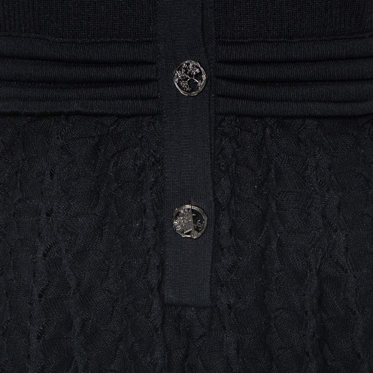 Pre Owned Chanel Black Knit Neck Tie Detail Button Front Mini Dress M