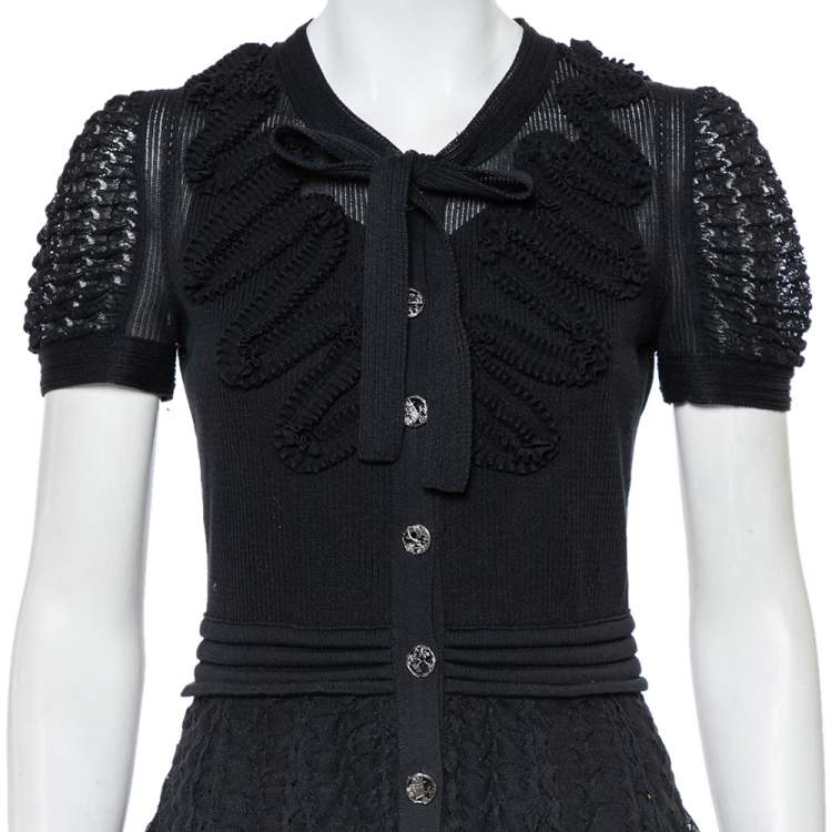 Pre Owned Chanel Black Knit Neck Tie Detail Button Front Mini Dress M