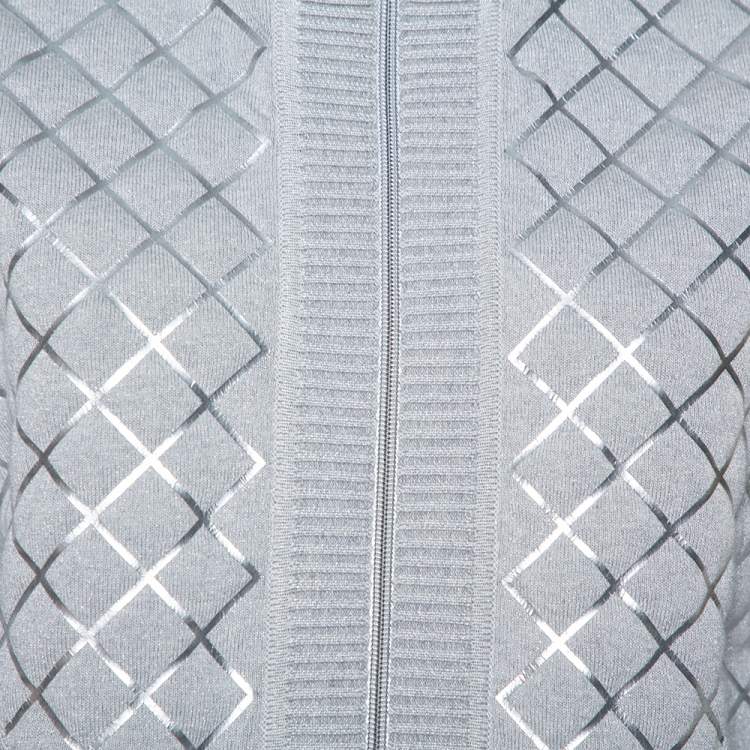 Pre Owned Chanel Grey Patterned Knit Zip Front Sweater M