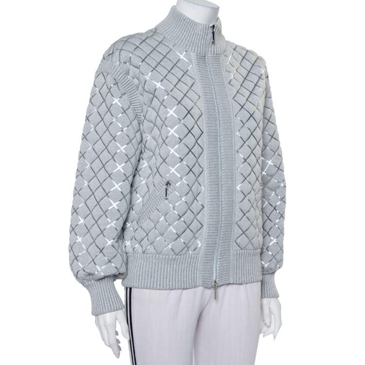 Pre Owned Chanel Grey Patterned Knit Zip Front Sweater M