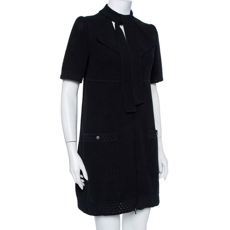 Chanel Black Perforated Knit Neck Tie Detail Zip Front Dress M