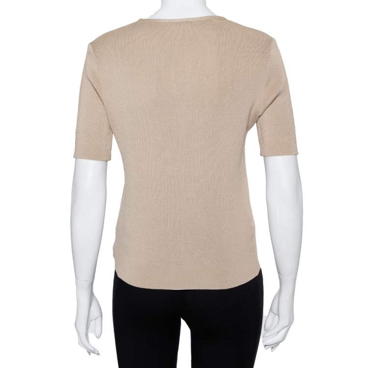 Pre Owned Chanel Beige Cotton Knit Short Sleeve T-Shirt L