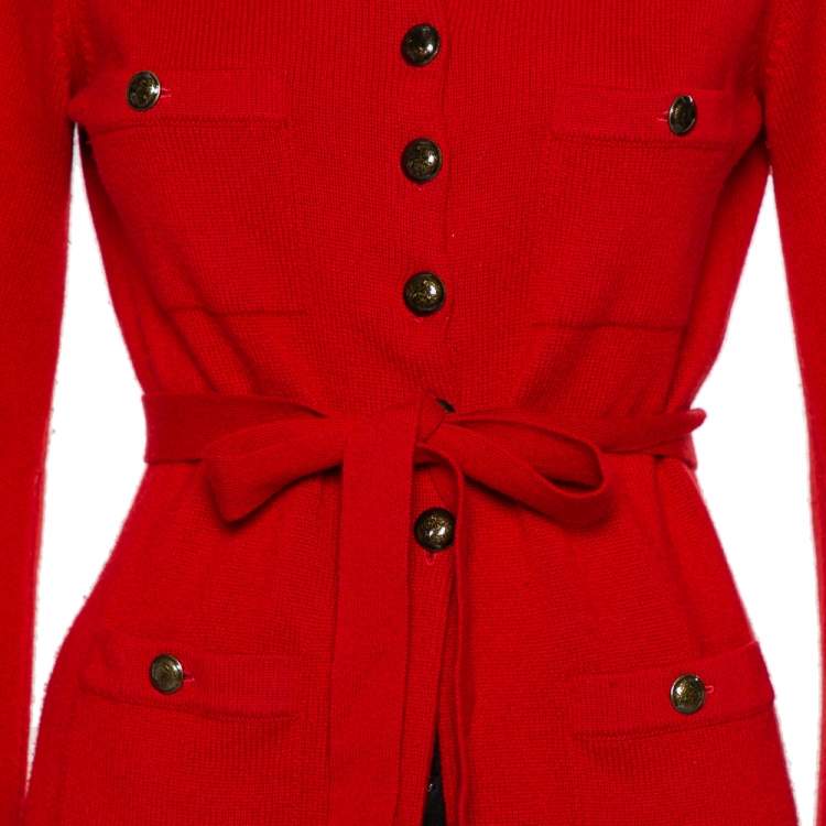 مملوكة مسبقًا Chanel Red Cashmere & Wool Bell Sleeve Belted Sweater S