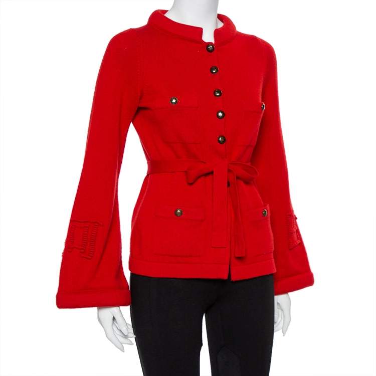 مملوكة مسبقًا Chanel Red Cashmere & Wool Bell Sleeve Belted Sweater S
