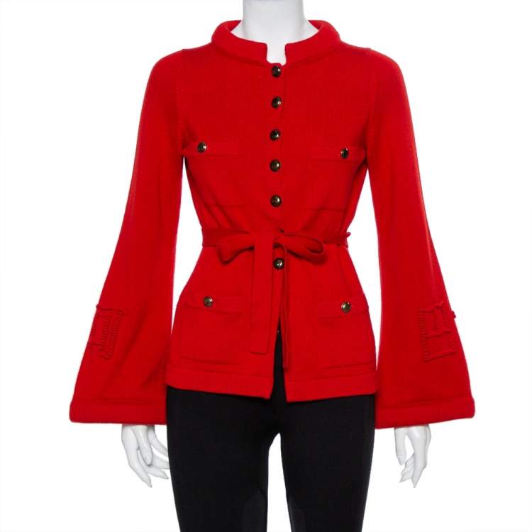 مملوكة مسبقًا Chanel Red Cashmere & Wool Bell Sleeve Belted Sweater S