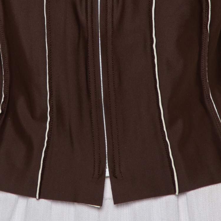 Pre Owned Chanel Brown Knit Paneled Zip Front Cropped Jacket L
