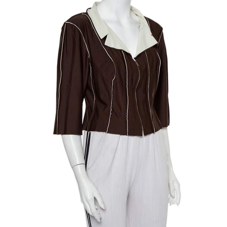 Pre Owned Chanel Brown Knit Paneled Zip Front Cropped Jacket L