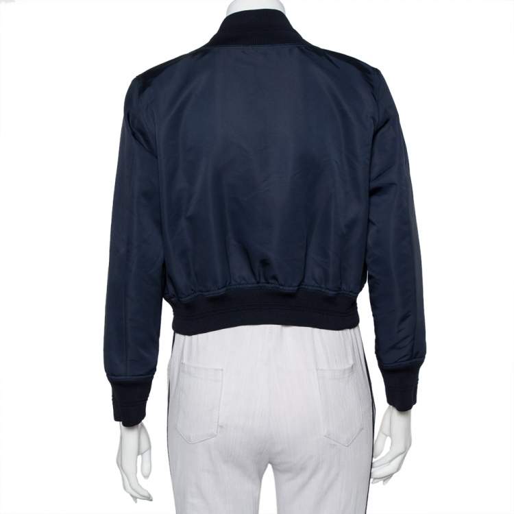 Pre Owned Chanel Navy Blue Synthetic Button Front Cropped Jacket M