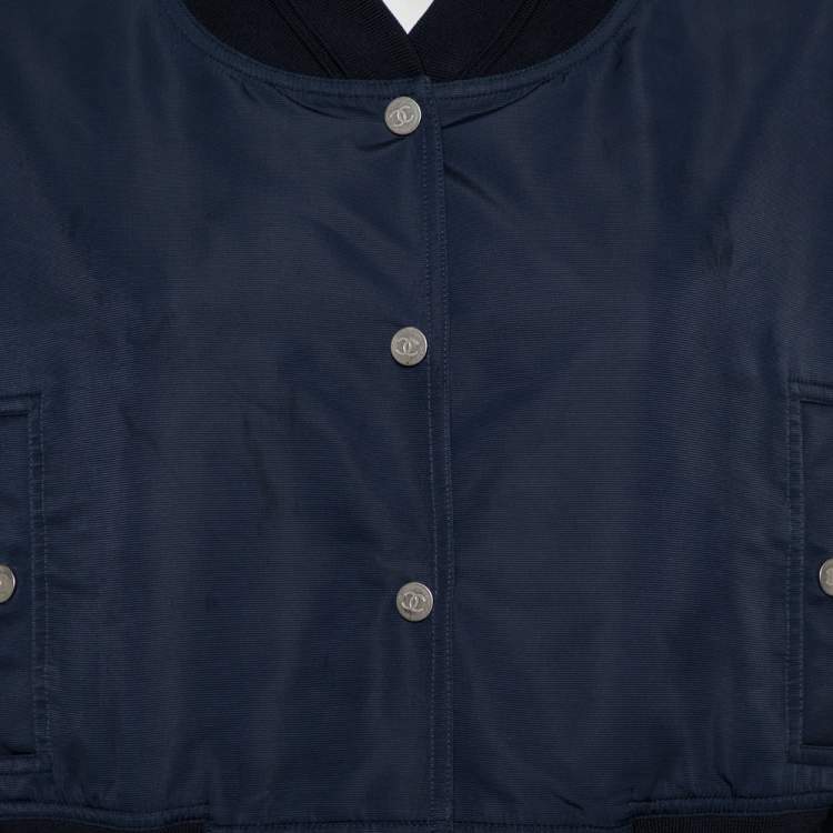 Pre Owned Chanel Navy Blue Synthetic Button Front Cropped Jacket M