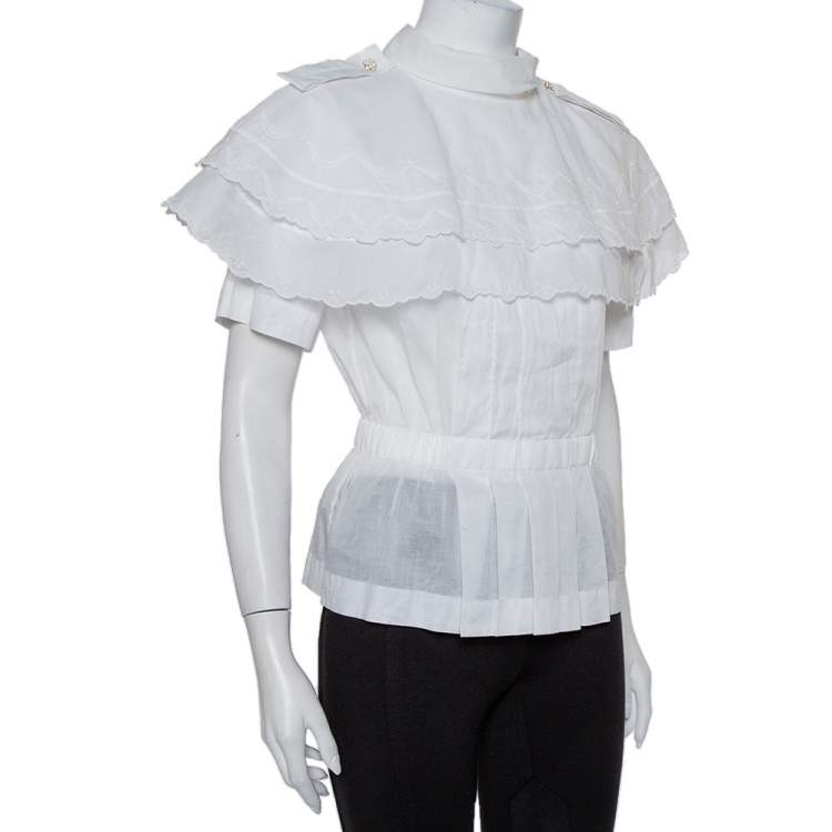 Pre Owned Chanel White Cotton Scalloped Overlay Detail Top M