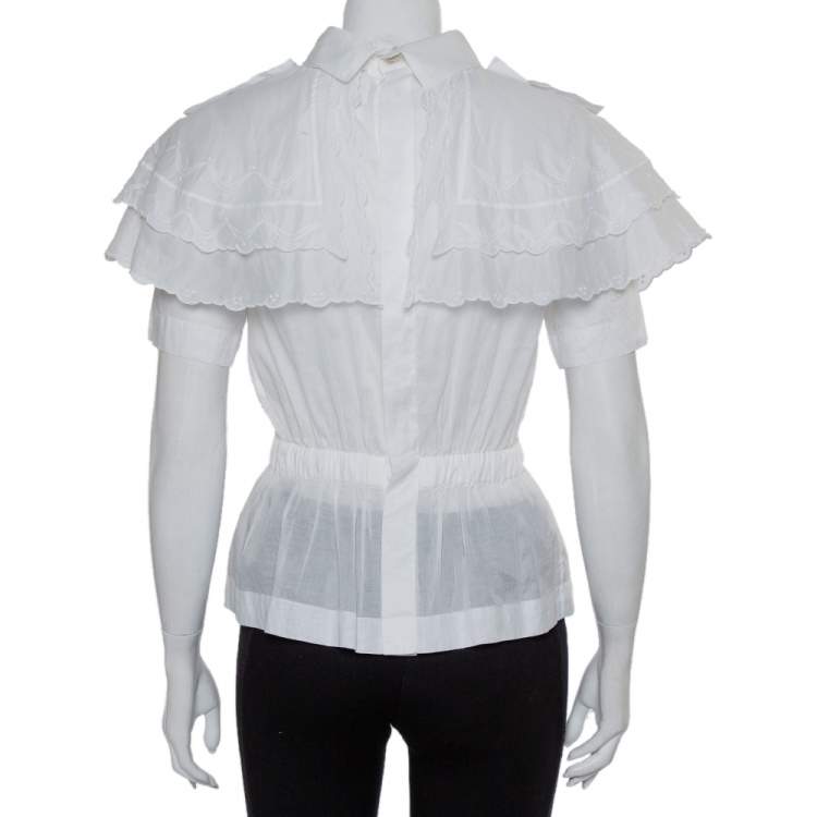 Pre Owned Chanel White Cotton Scalloped Overlay Detail Top M