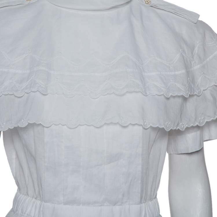 Pre Owned Chanel White Cotton Scalloped Overlay Detail Top M