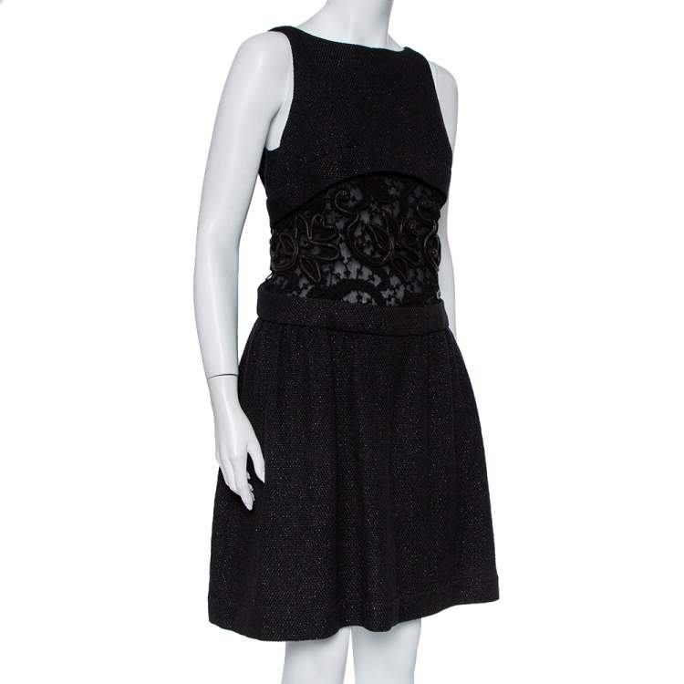 Pre Owned Chanel Black Wool & Lace Trim Sleeveless Mini Dress M