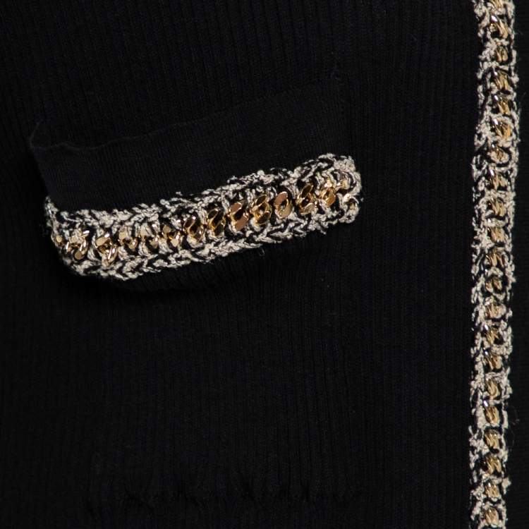Pre Owned Chanel Black Rib Knit Chain Embellished Open Front Cardigan L