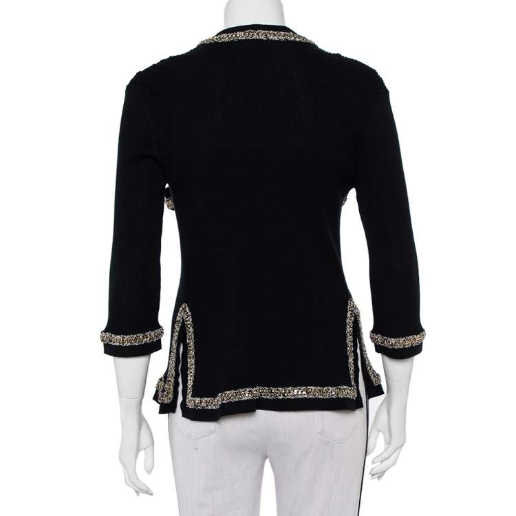 Pre Owned Chanel Black Rib Knit Chain Embellished Open Front Cardigan L