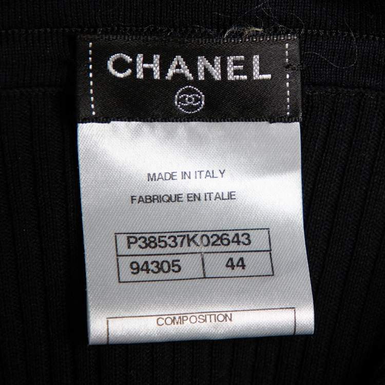 Pre Owned Chanel Black Rib Knit Chain Embellished Open Front Cardigan L